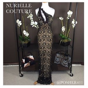 NURIELLE COUTURE BLACK LACE EMBELLISHED GALA GOWN